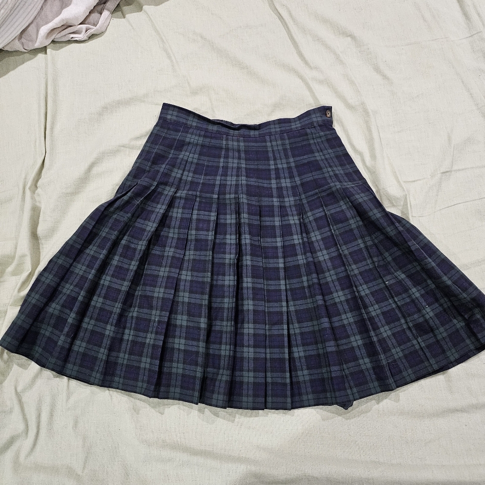 Laura Ashley 90s Vintage Pleated Cotton Plaid Skirt Dark Blue And Green Size 10